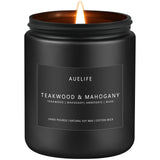 Vela Auelife Teca y Caoba, frasco negro: aroma sofisticado para sala de estar.