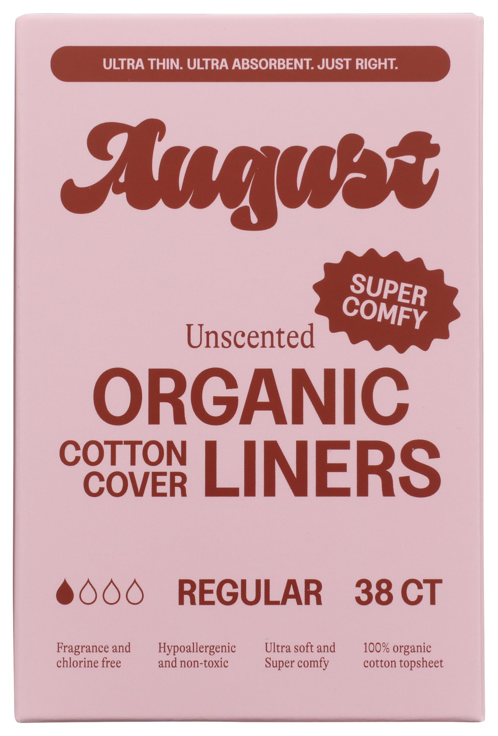 August protector diario de algodón orgánico, empaque compacto y suave para uso diario.