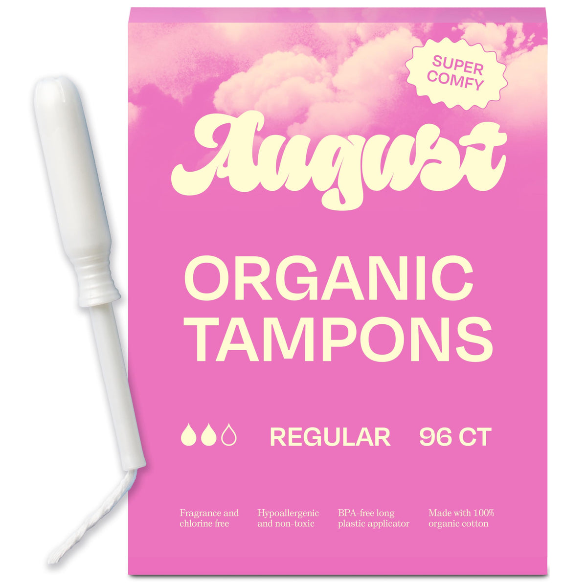 Tampones August de algodón orgánico, regular, con aplicador largo para inserción suave.