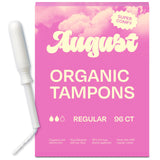 Tampones August de algodón orgánico, regular, con aplicador largo para inserción suave.