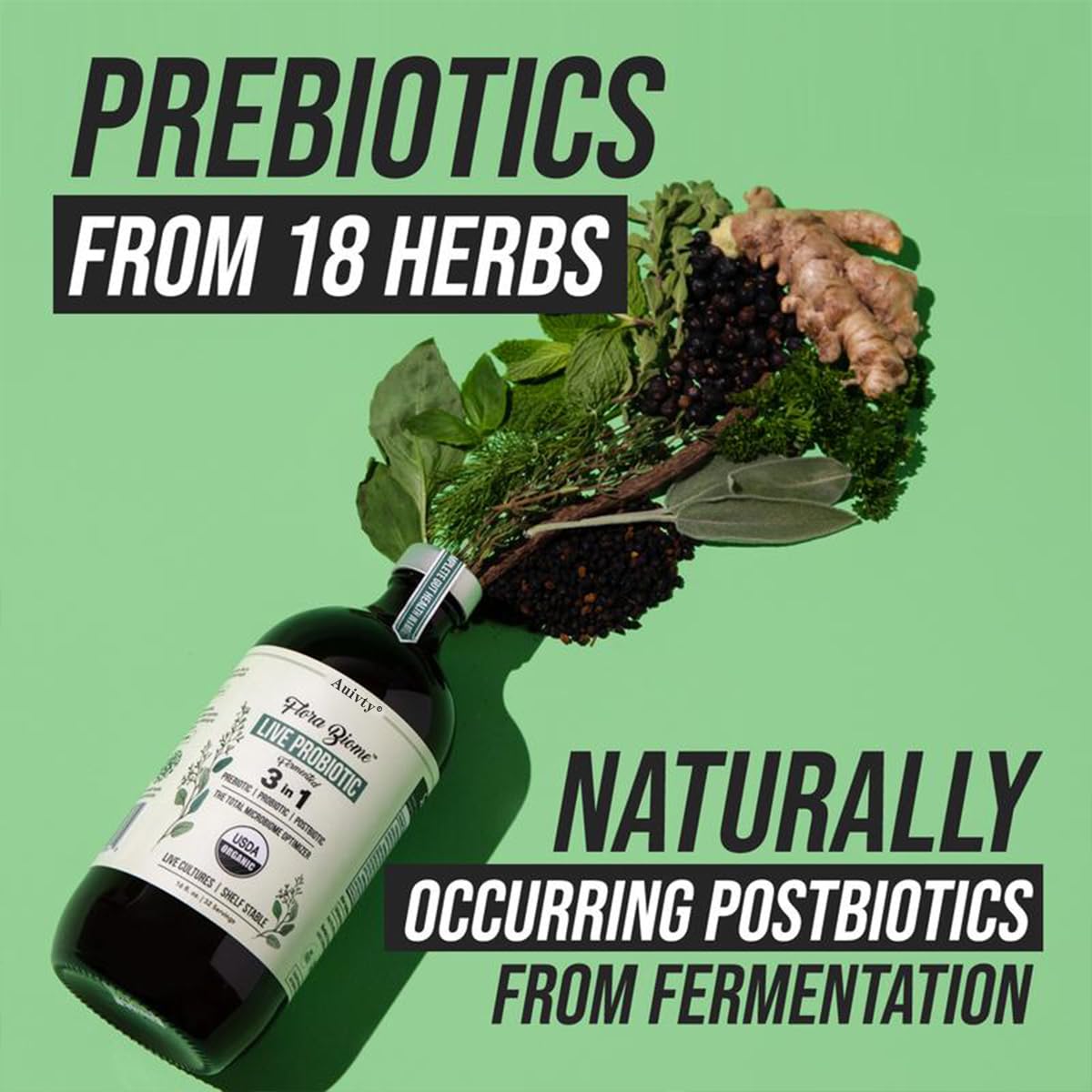 Auivty Flora Biome Probiotico líquido, frasco para uso diario.