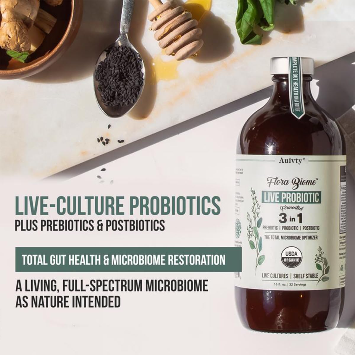 Auivty Flora Biome Probiotico líquido, botella con etiqueta clara.