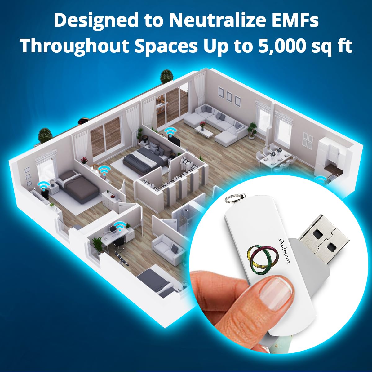 Aulterra EMF USB Neutralizer conectado: instalación rápida en cualquier puerto USB.