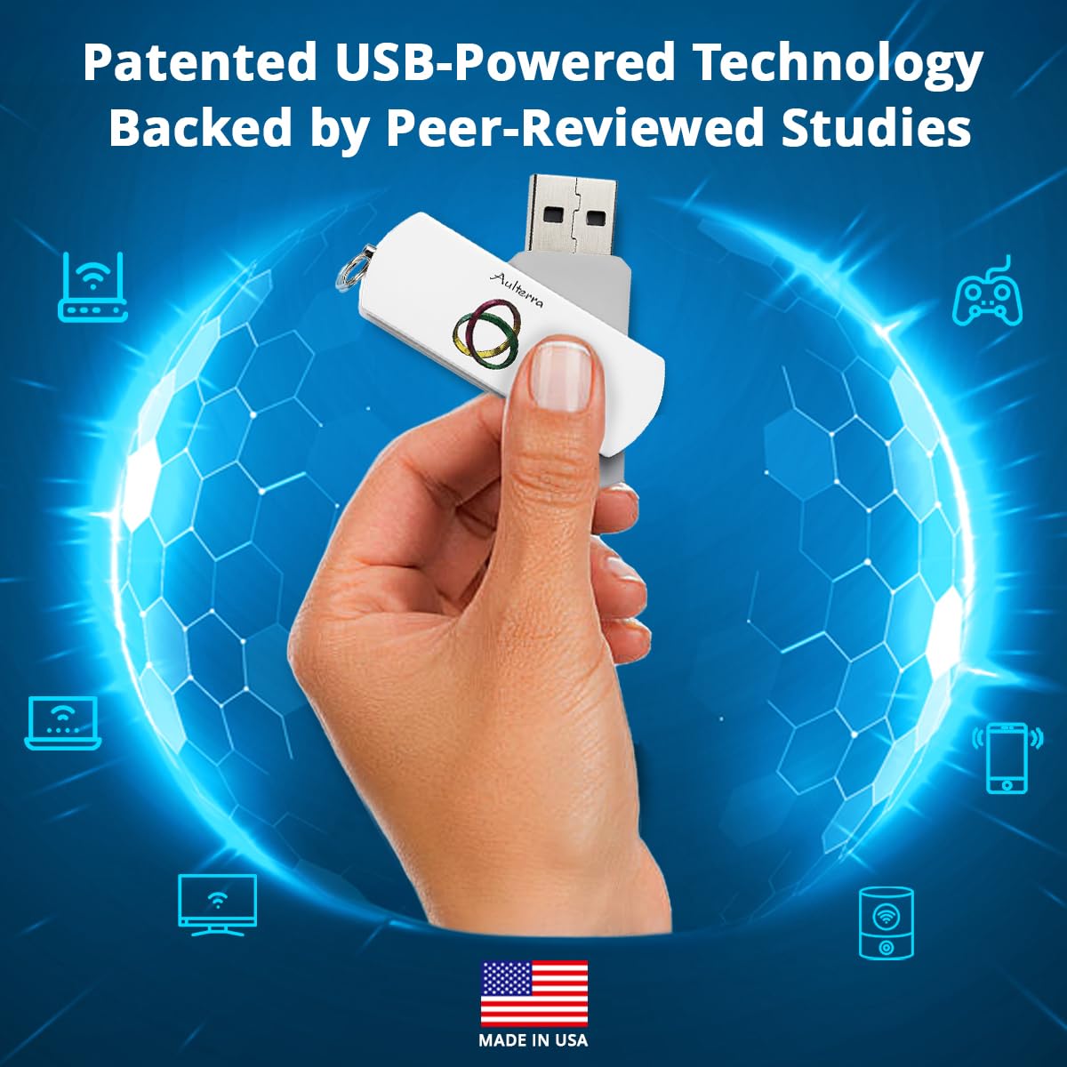 Aulterra EMF USB Neutralizer detalle: diseño compacto ideal para puertos USB.