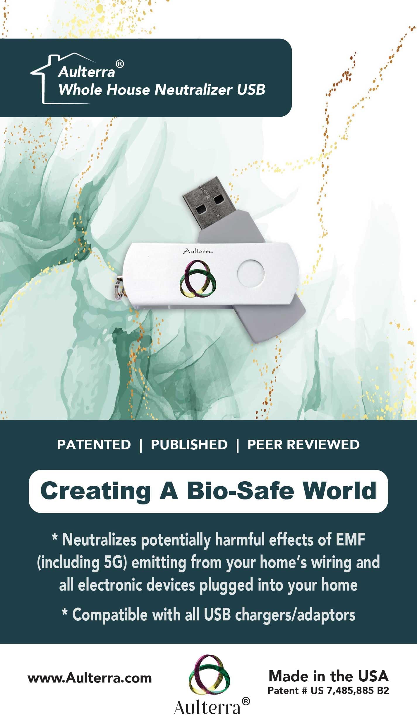 Aulterra EMF USB Neutralizer frente: uso diario para gestionar frecuencias EMF en casa.
