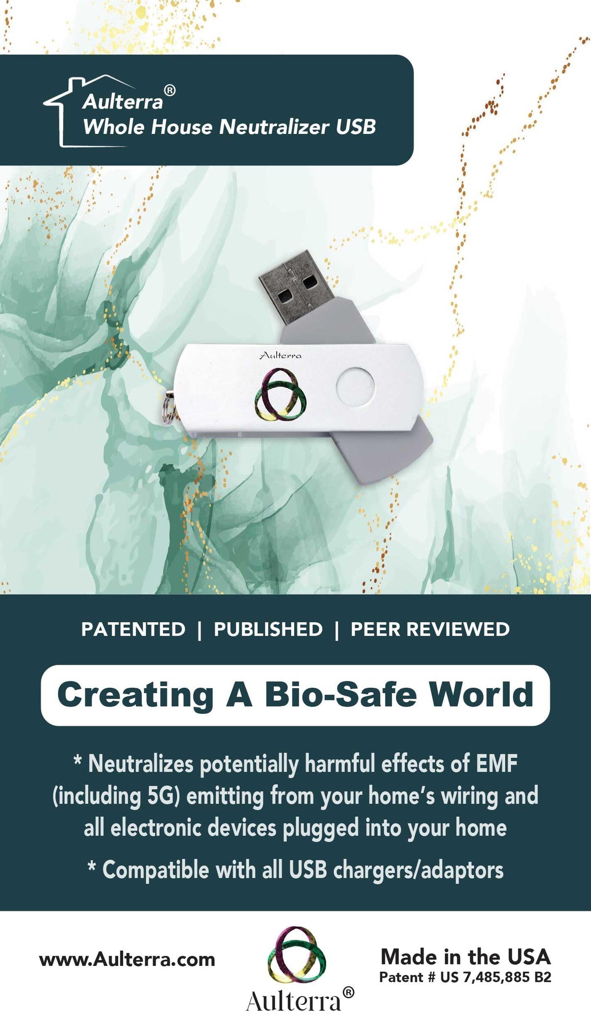 Aulterra EMF USB Neutralizer frente: uso diario para gestionar frecuencias EMF en casa.