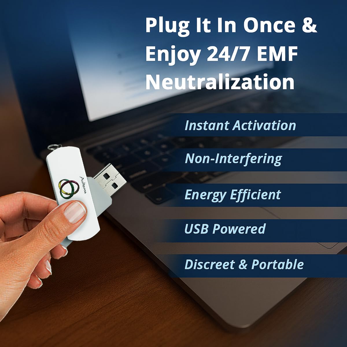 Aulterra EMF USB Neutralizer tamaño compacto: cabe en maletín para viaje.