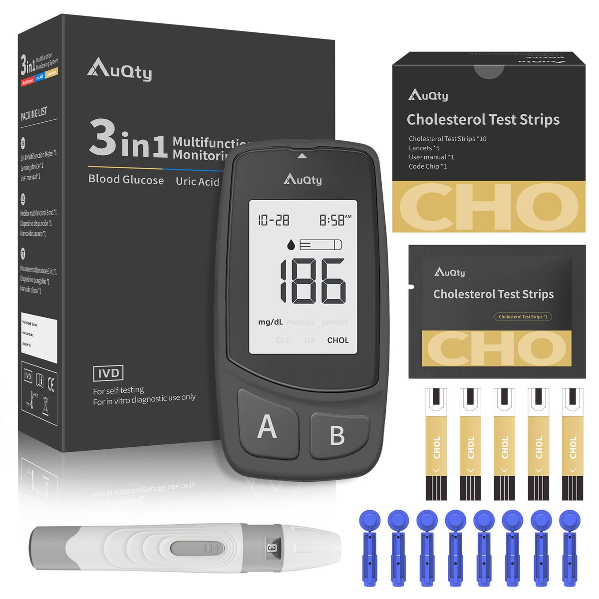 AuQty kit prueba colesterol 3 en 1, uso doméstico cómodo y completo.