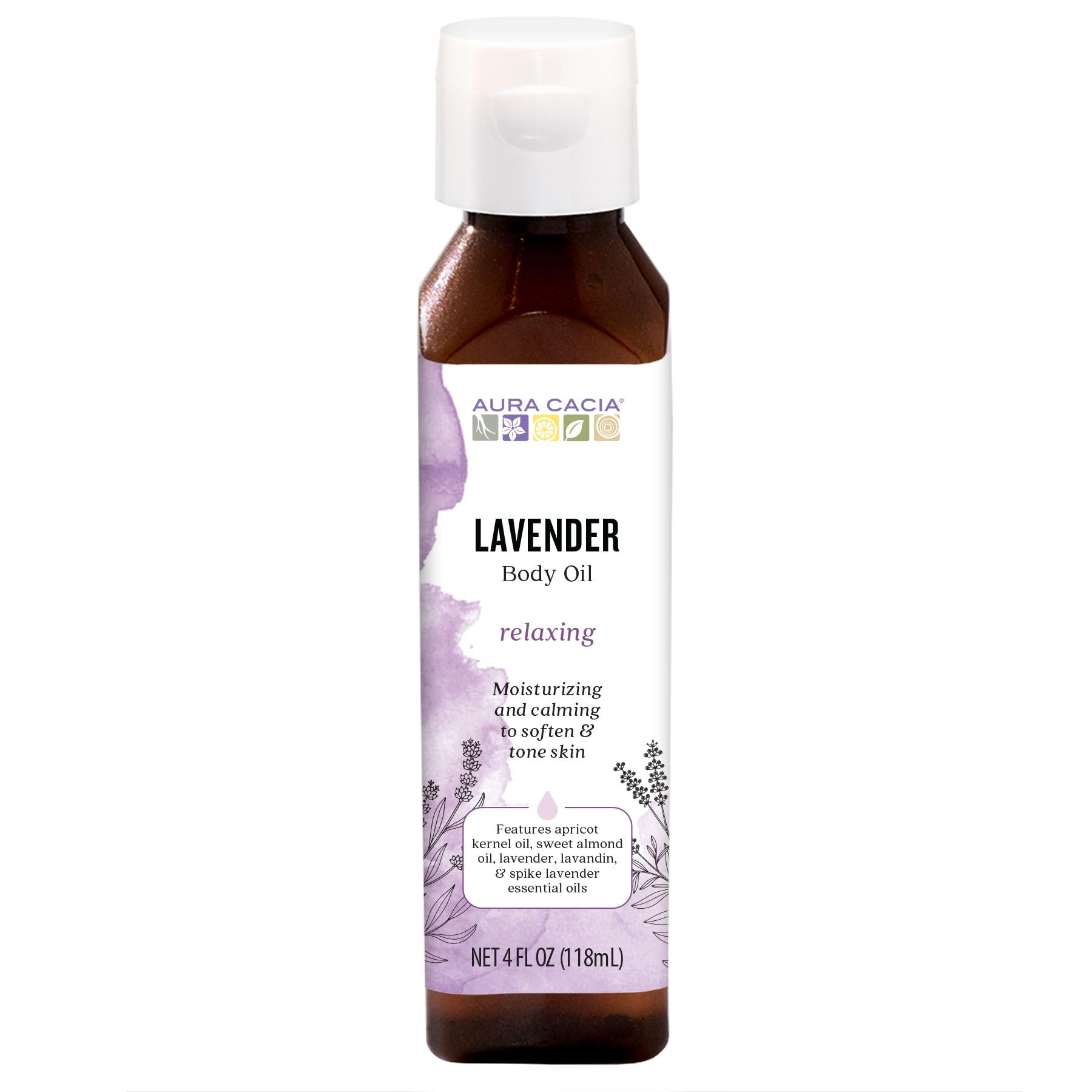 Aura Cacia Aceite Corporal Relajante Lavanda, botella lista para masaje suave.