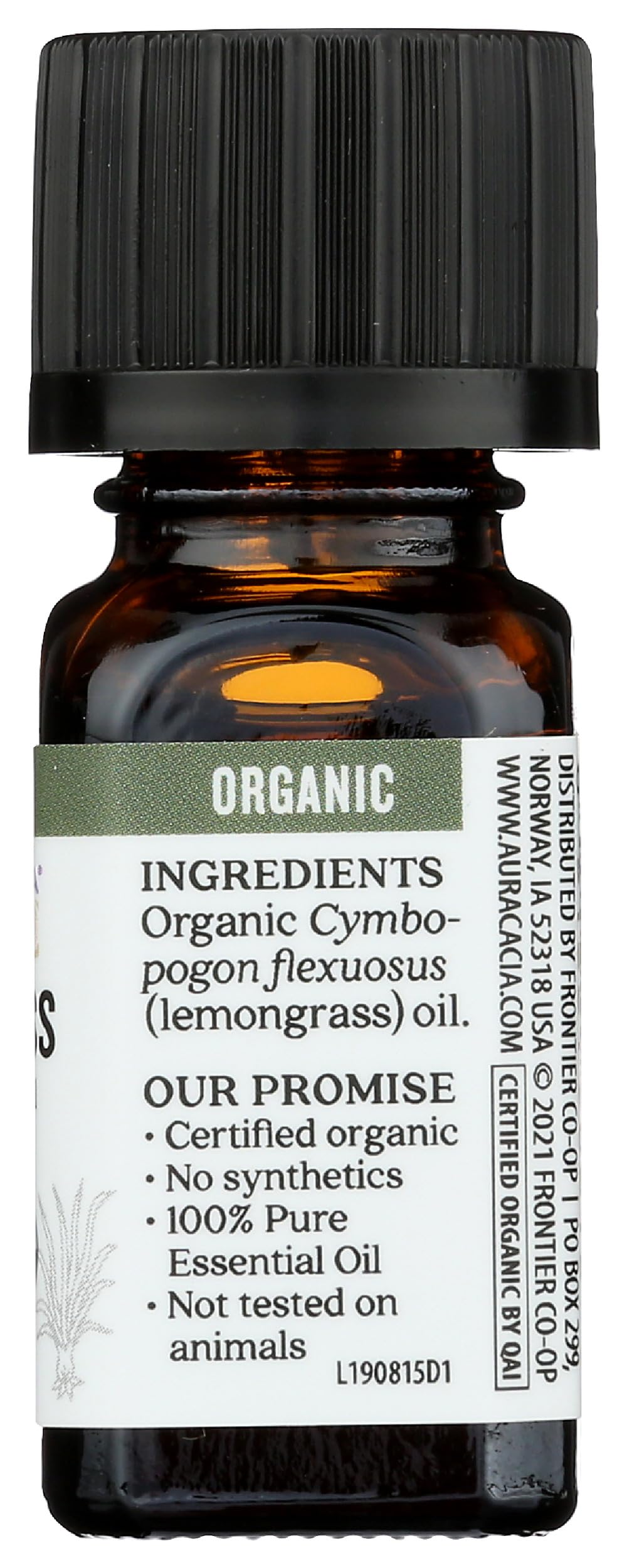Presentación de Aura Cacia Lemongrass, packaging orgánico y cruelty-free