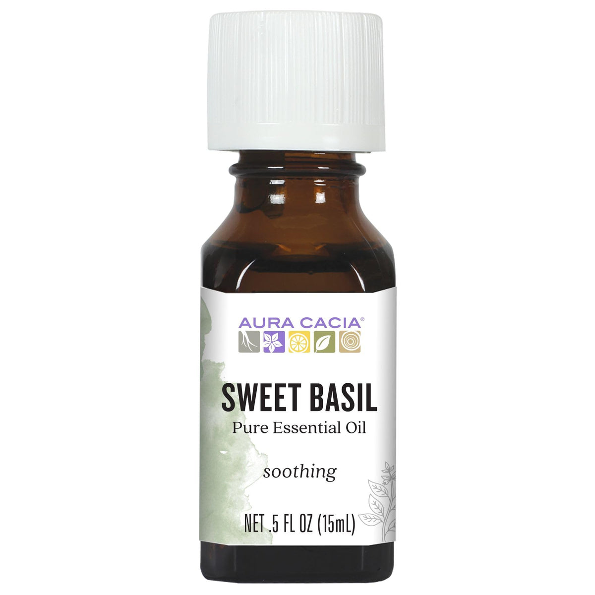 Aura Cacia albahaca dulce, botella, aroma herbal para aclarar el ambiente y elevar el ánimo.