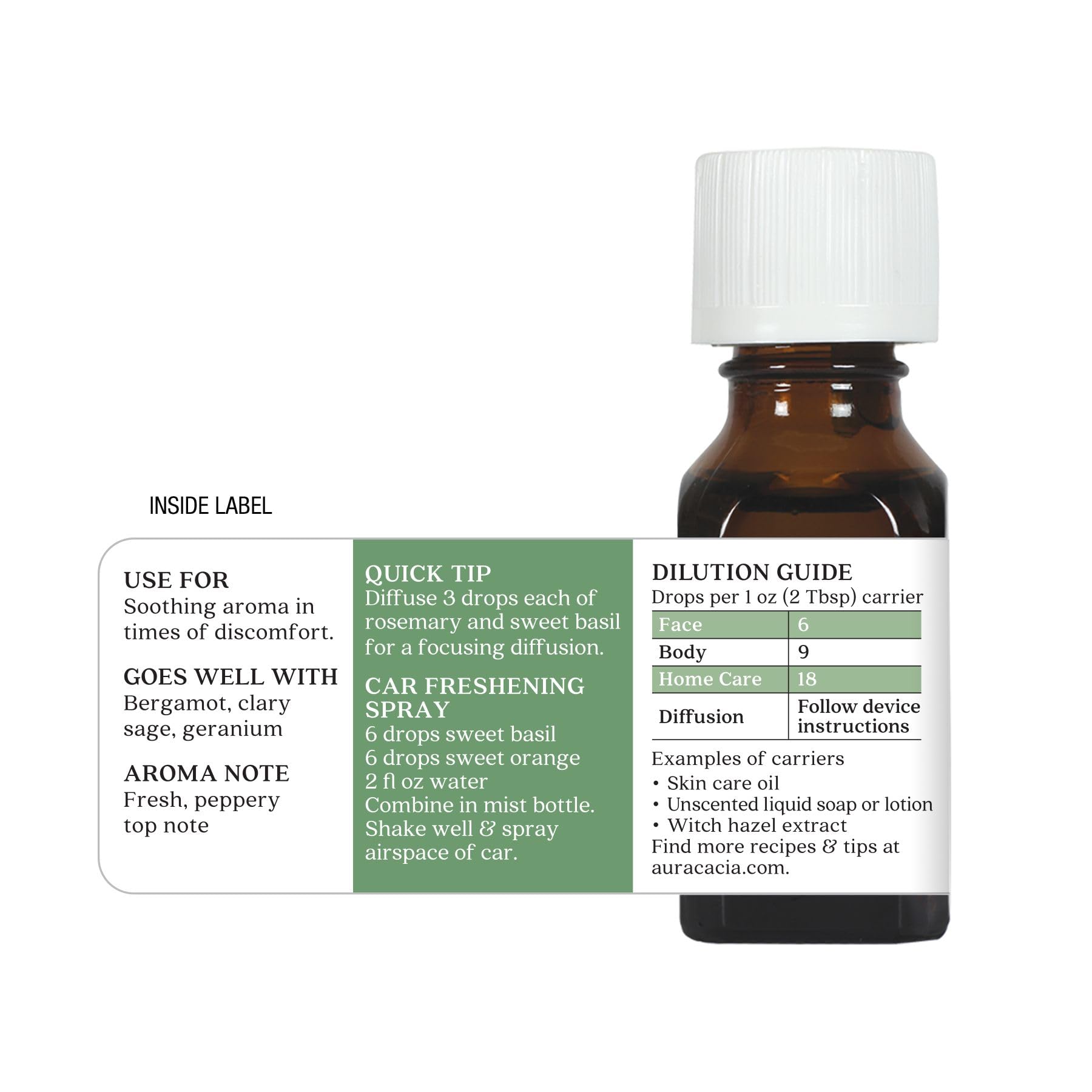 Aura Cacia albahaca dulce, origen en Egipto, opción sostenible y ética.