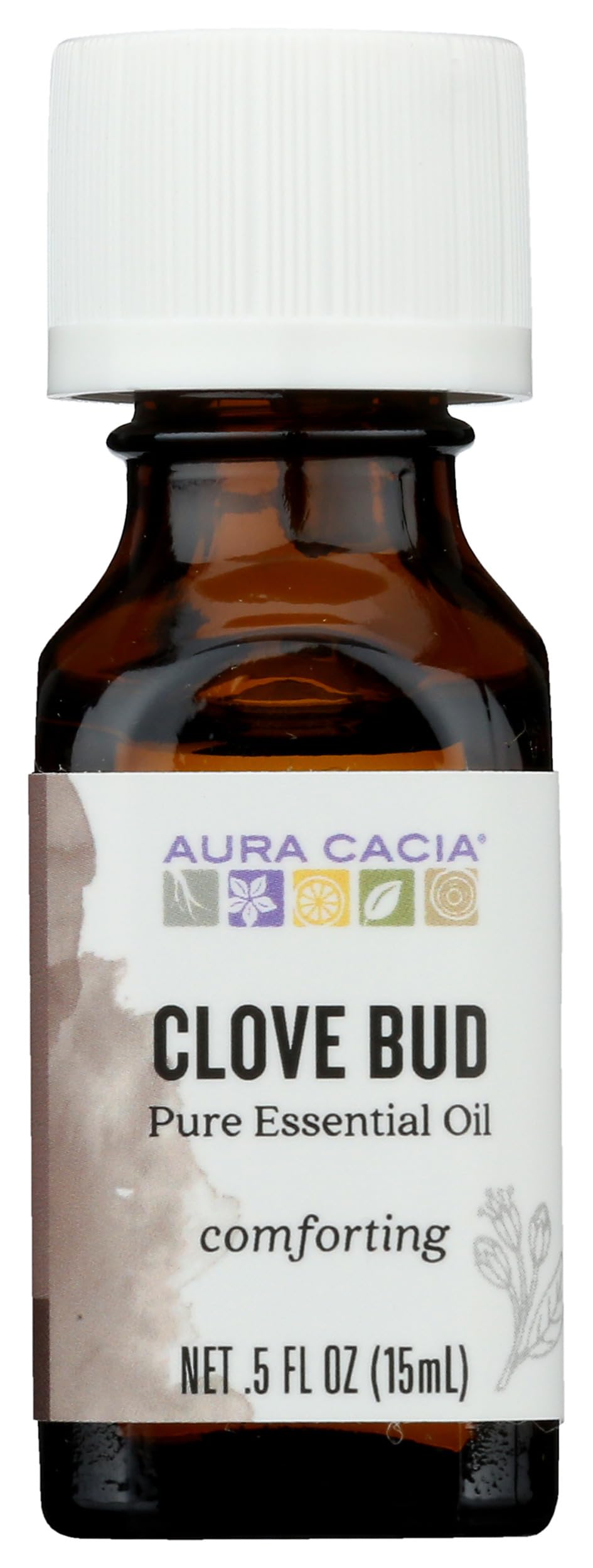 Aura Cacia Clavo en botella, ideal para uso aromático y difusión.