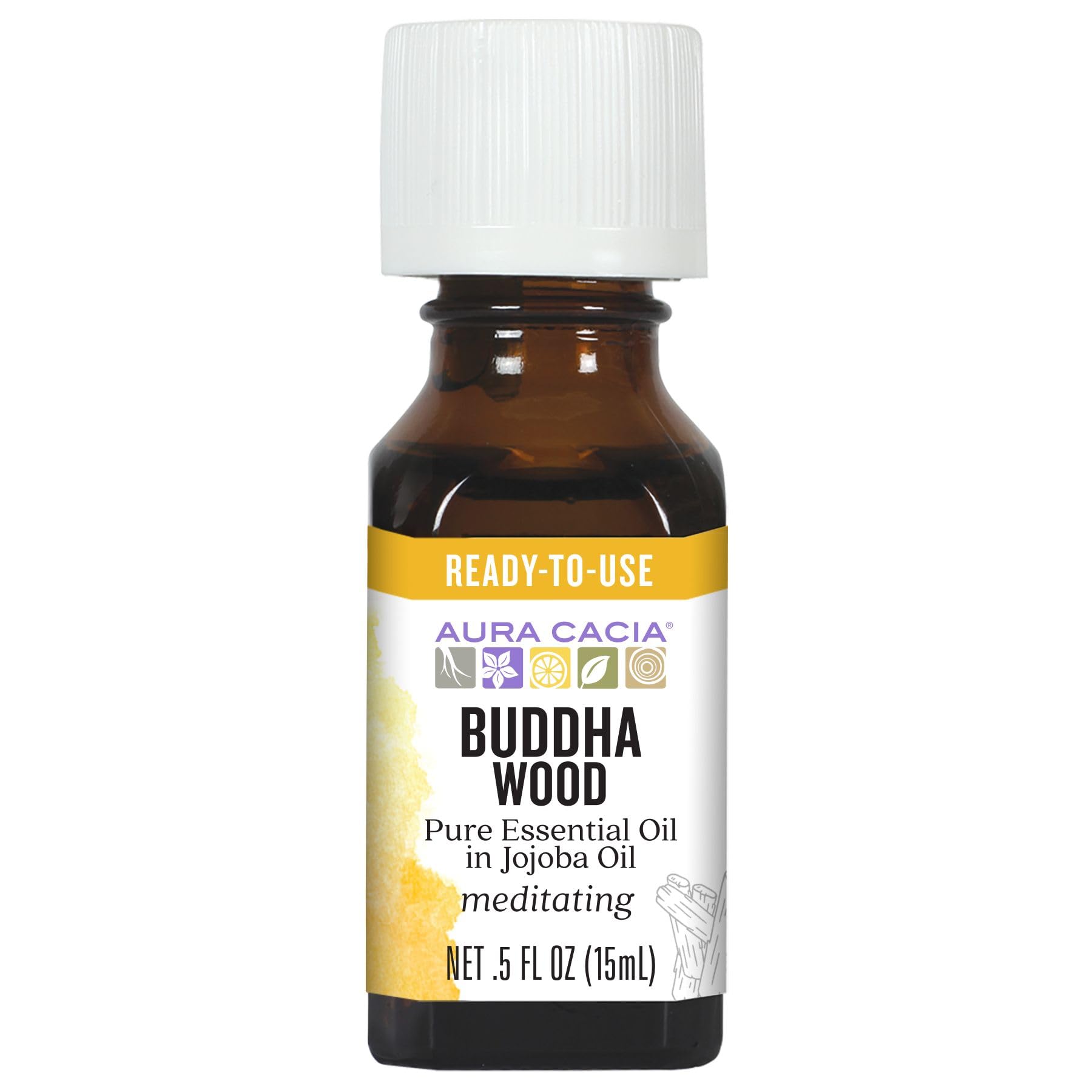 Aura Cacia Buddha Wood en jojoba: botella con aroma amaderado listo para usar.