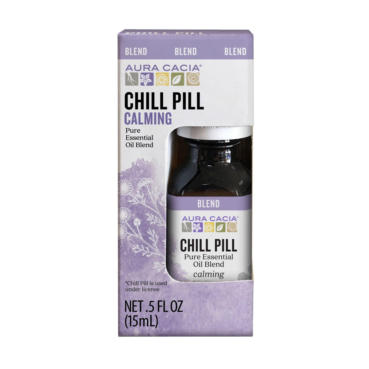 Aura Cacia Chill Pill: botella de aceites esenciales para calma aromática en casa