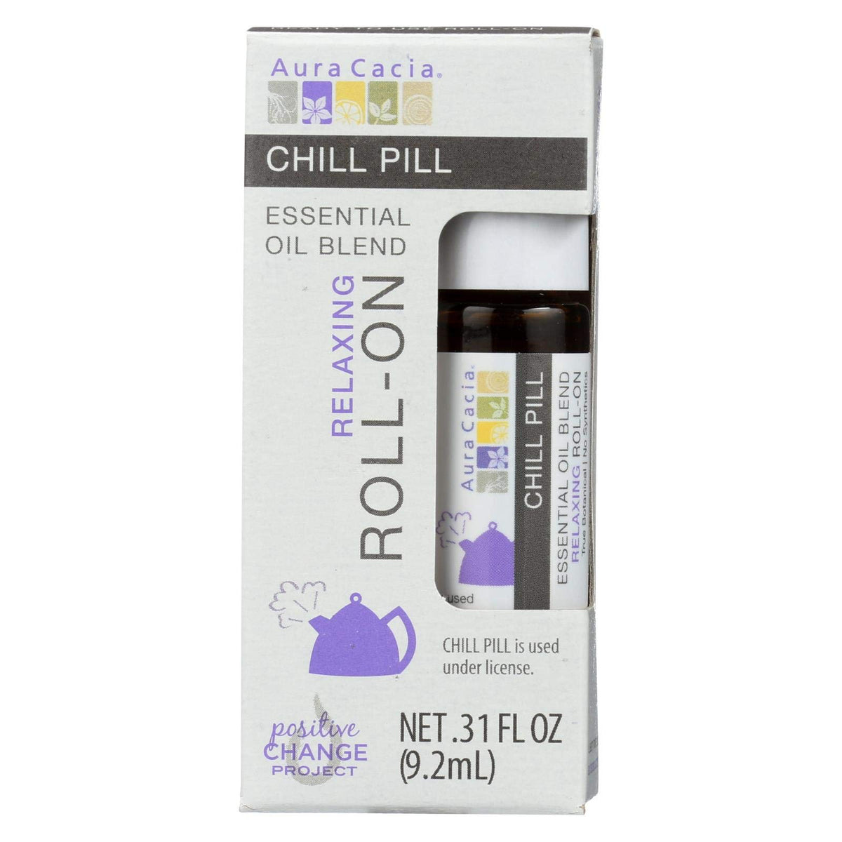 Aura Cacia Chill Pill con botella y aplicador rodillo para uso cómodo.