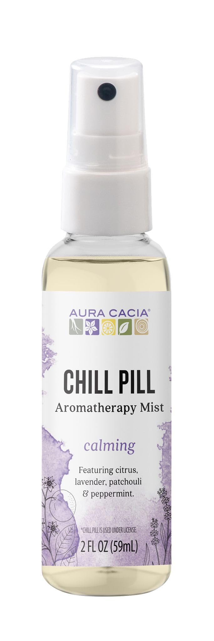 Aura Cacia Chill Pill Mist frasco con aroma de lavanda para relajación rápida