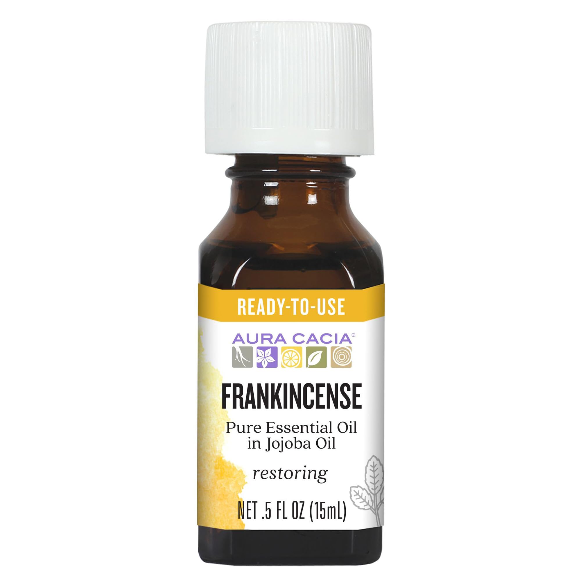 Aura Cacia Frankincense en jojoba: aroma calmante para meditación y cuidado de la piel.