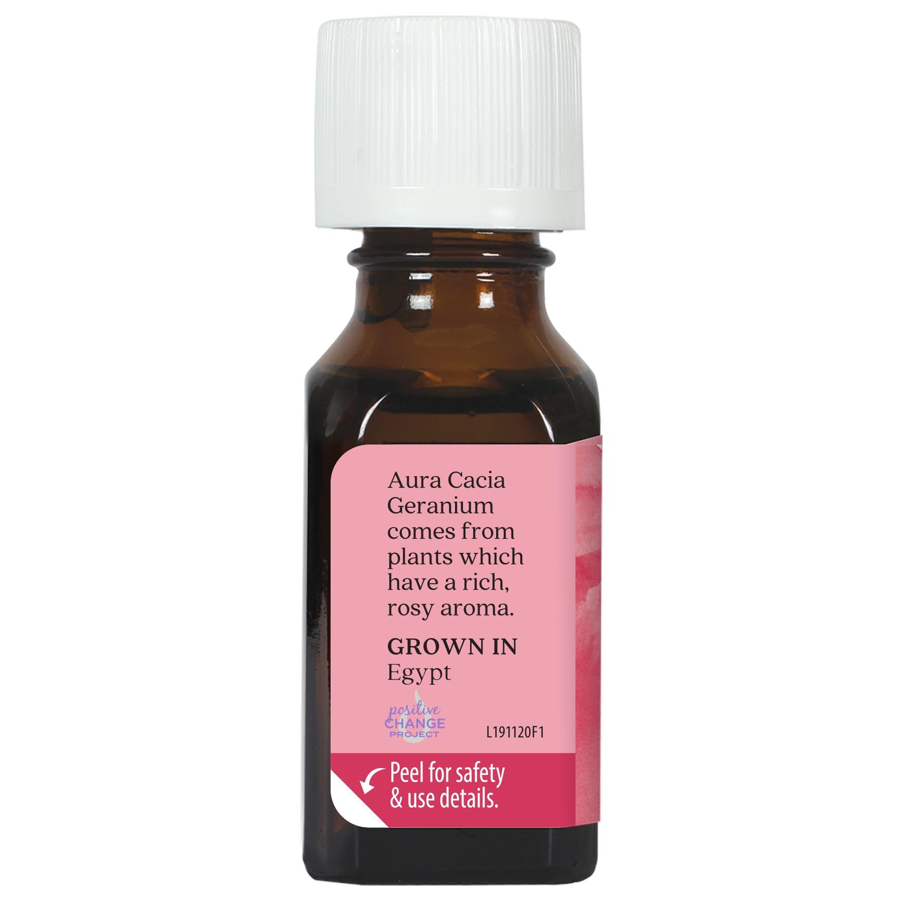 Aura Cacia Geranio etiqueta claridad, indica pureza y origen del producto