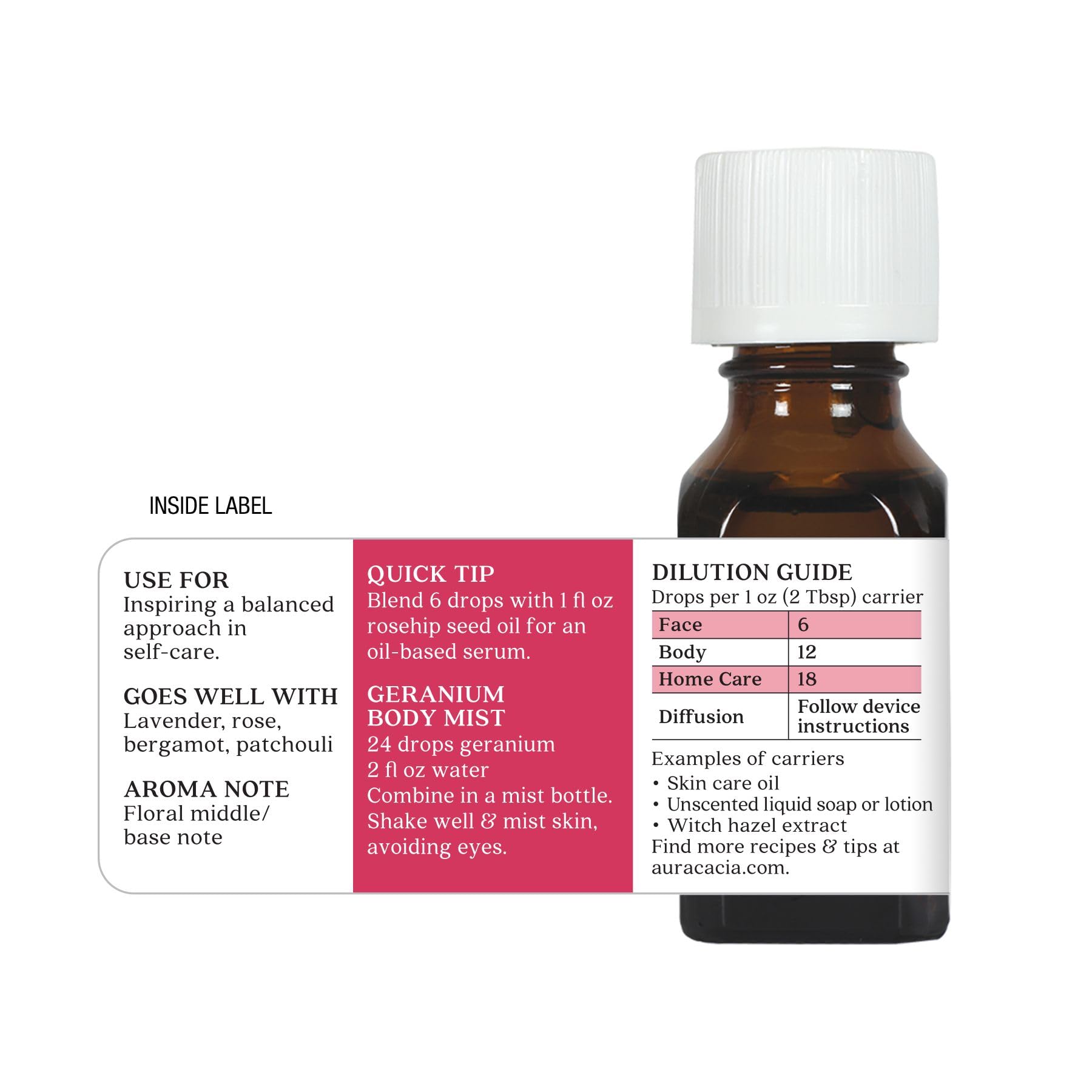 Aura Cacia Geranio origen Egipto, proceso de destilación para aroma suave