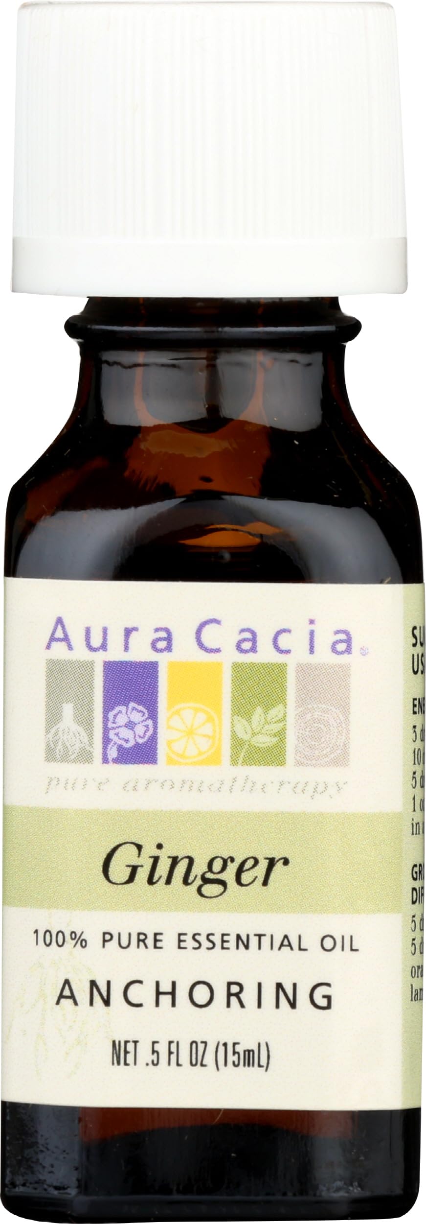 Aura Cacia Jengibre: botella de aceite esencial puro para uso suave en difusor y masajes.