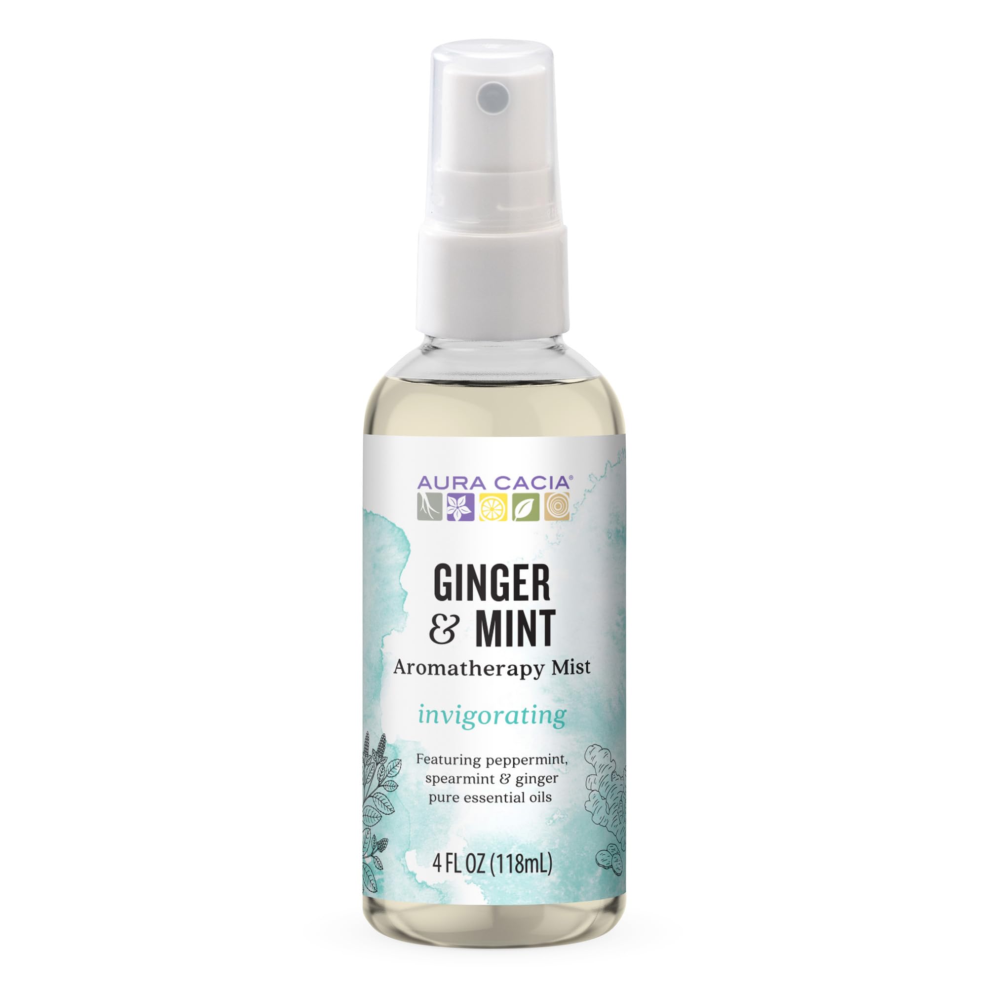 Aura Cacia Mist Jengibre y Menta: niebla revitalizante para espacios y piel.