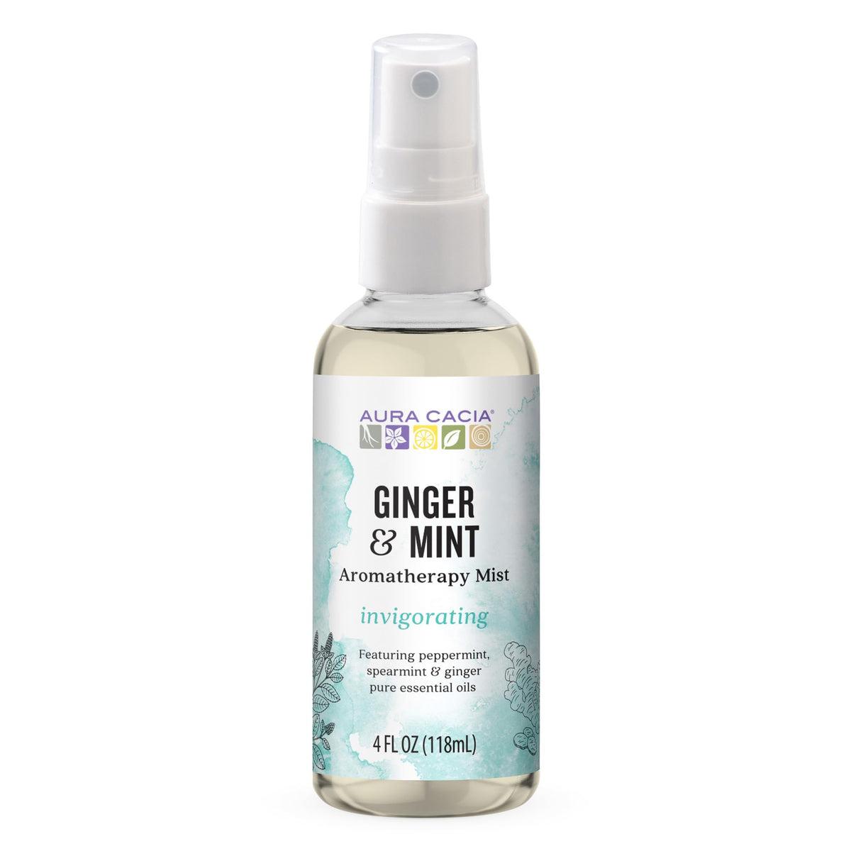 Aura Cacia Mist Jengibre y Menta: niebla revitalizante para espacios y piel.