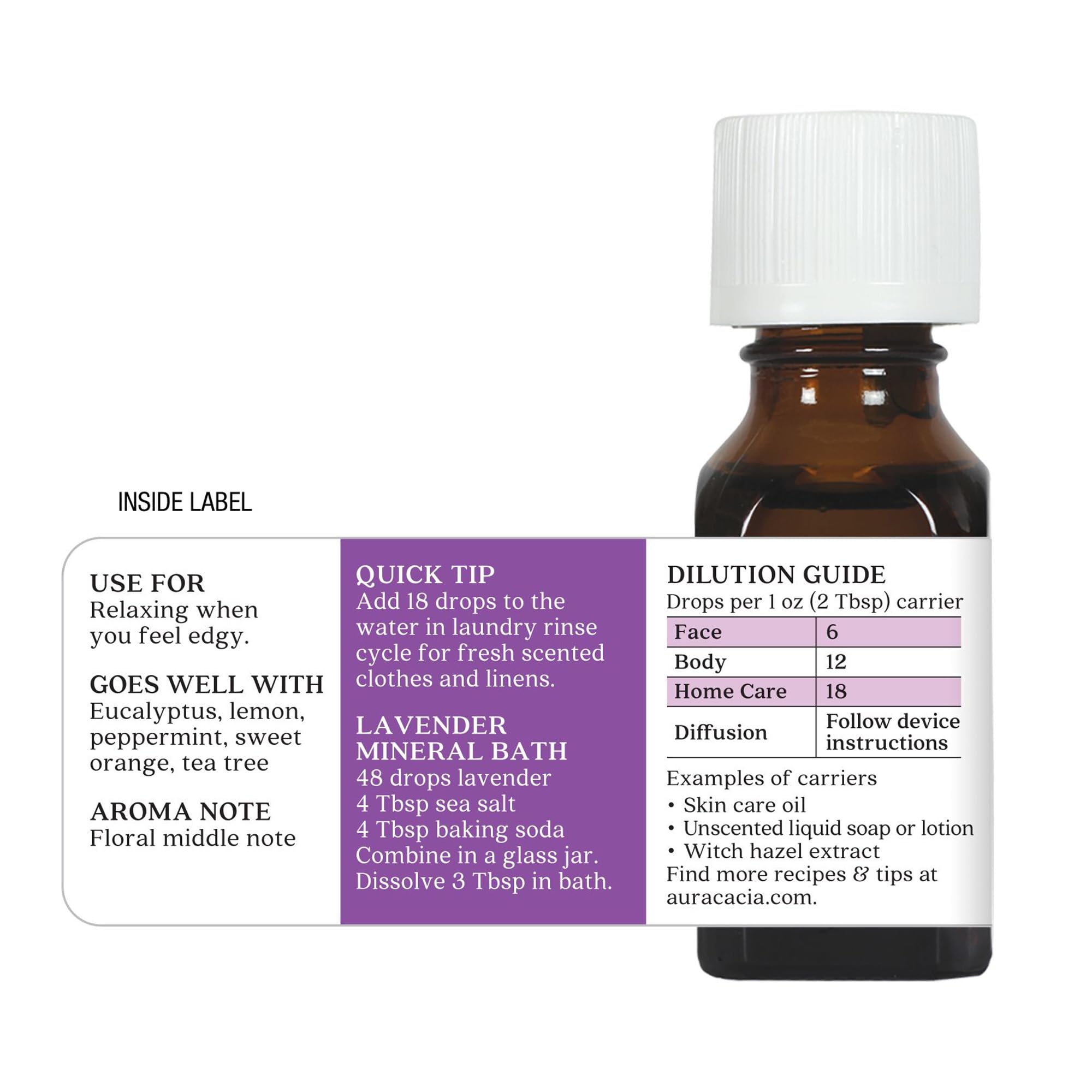 Aura Cacia Lavanda, envase compacto de 15 ml, fácil de transportar.