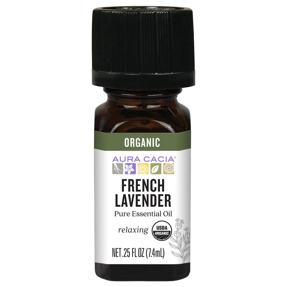 Aura Cacia Lavanda Francesa Orgánico, frasco; uso calmante y aromaterapia en el dormitorio.