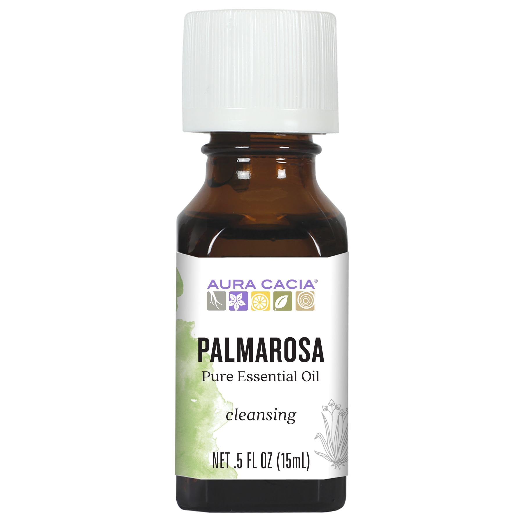 Aura Cacia Palmarosa aceite esencial en frasco, aroma fresco para aromaterapia.