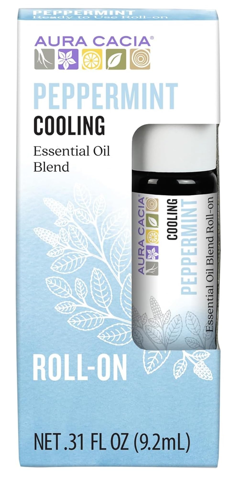 Aura Cacia Roll-On Menta, botella compacta para frescura en cualquier momento.