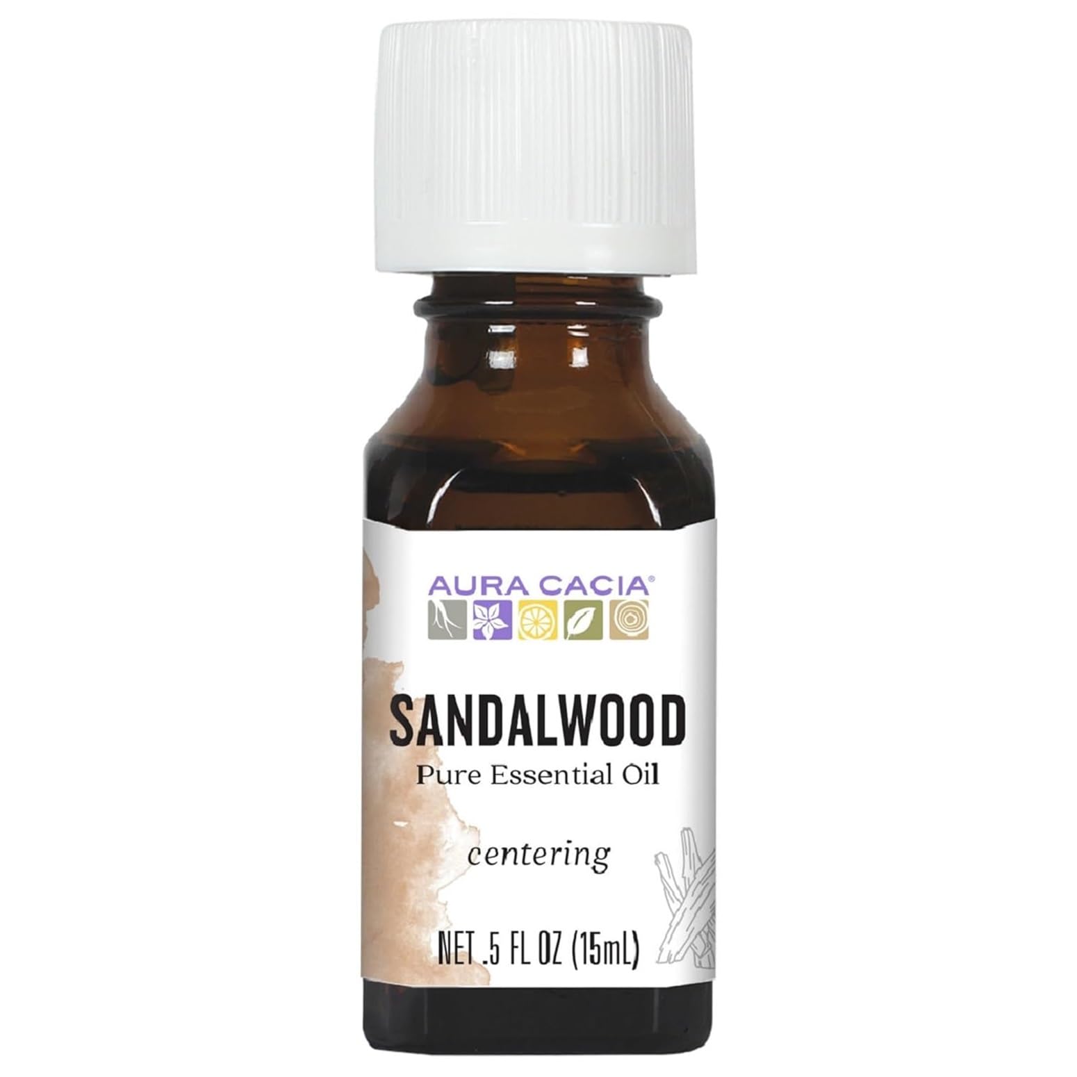 Aura Cacia Sandalwood, botella de 15 ml, aroma terroso para ambientes tranquilos.