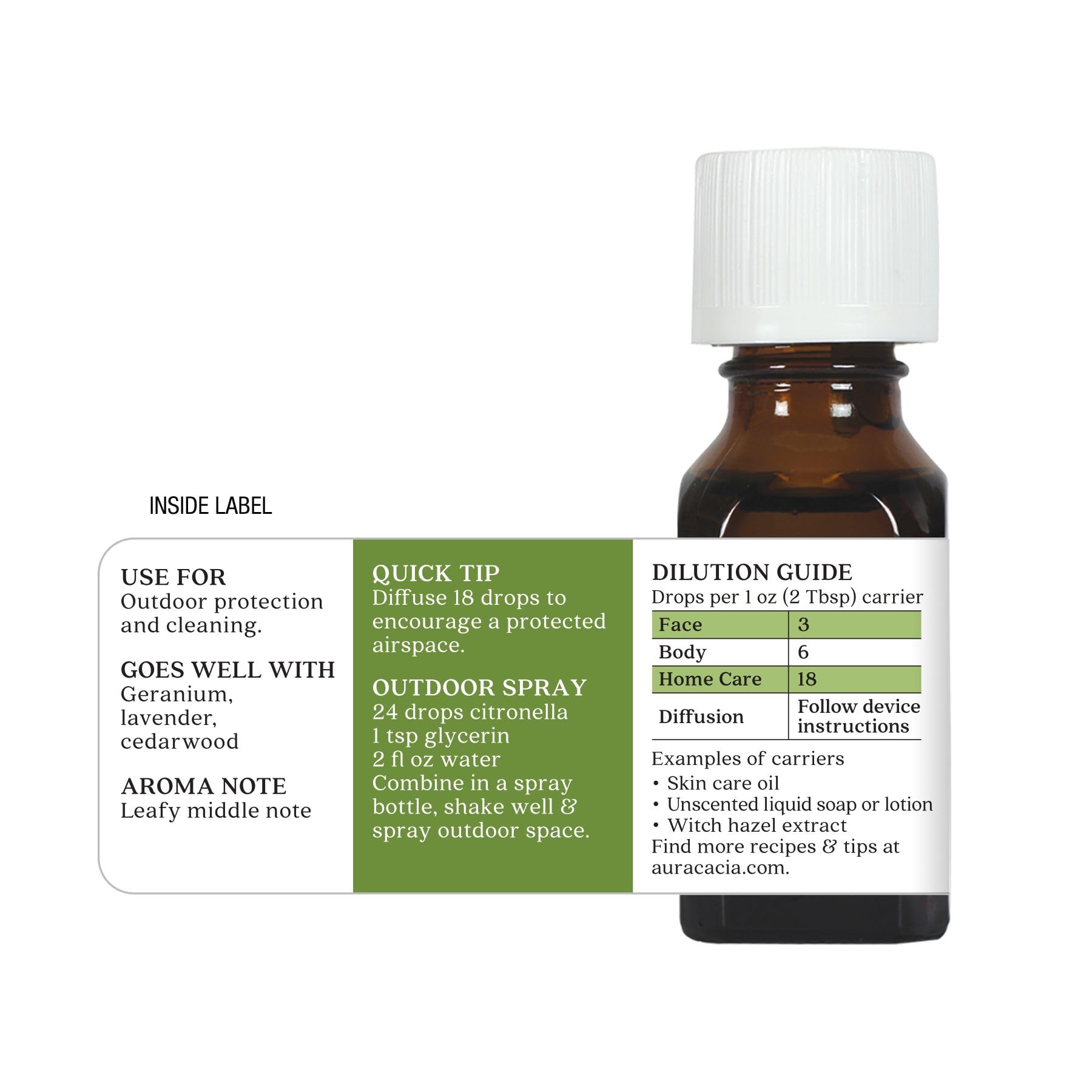 Aura Cacia Citronella Java, aceite esencial para uso externo y ambientación.