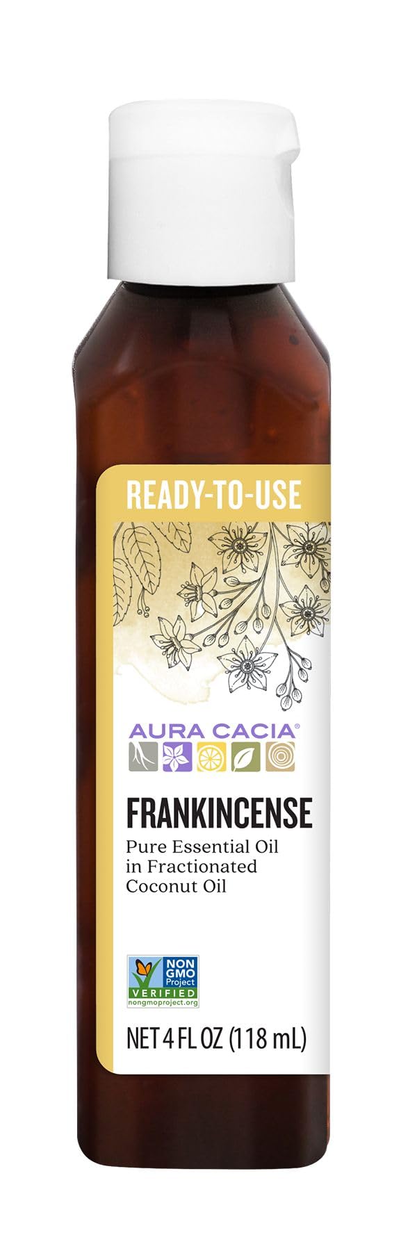 Aura Cacia Frankincense en aceite fraccionado de coco, botella para uso suave en piel.