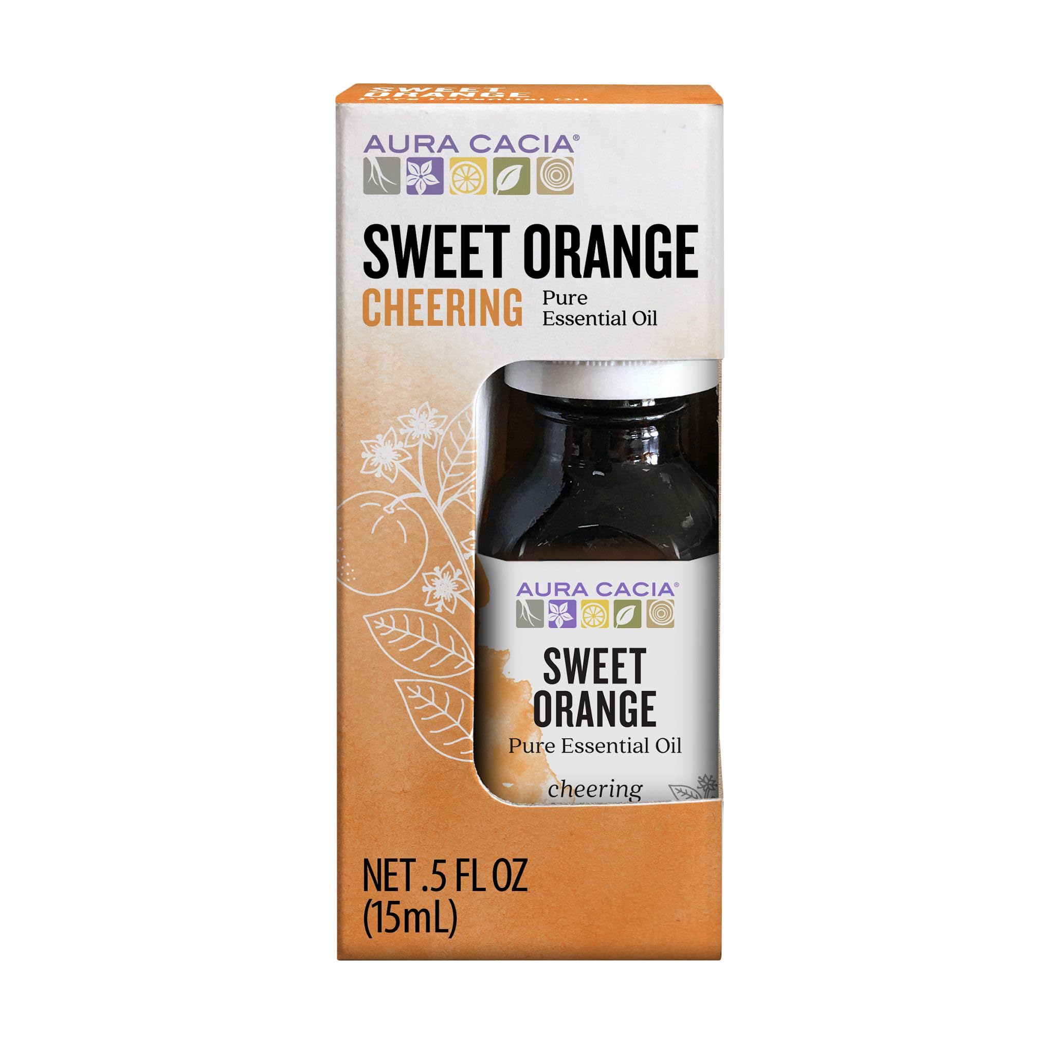 Aura Cacia Naranja Dulce, botella de aceite, aroma cítrico para un ambiente alegre.