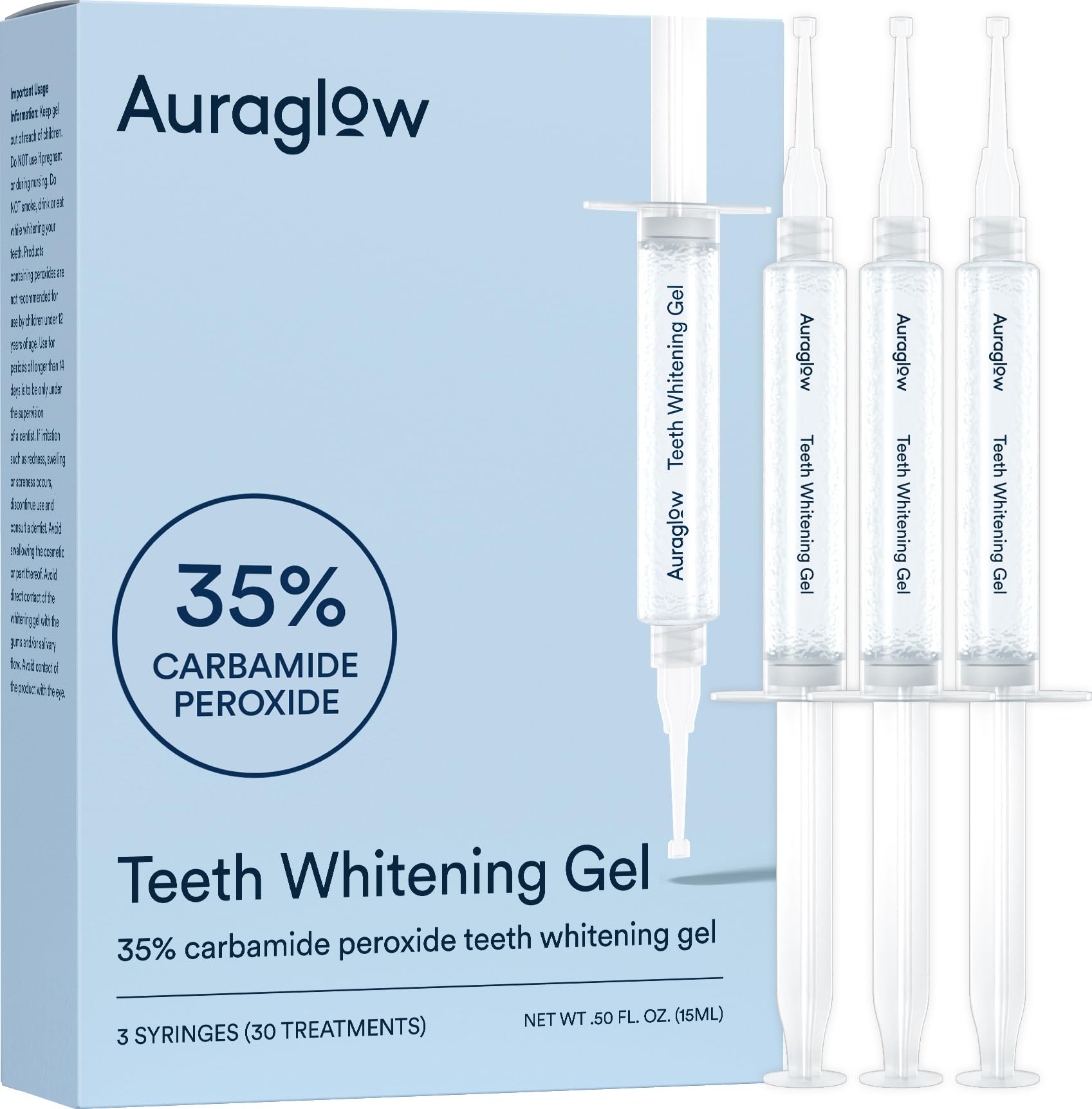 Auraglow gel blanqueador 35% para bandejas, blanqueamiento en casa seguro.
