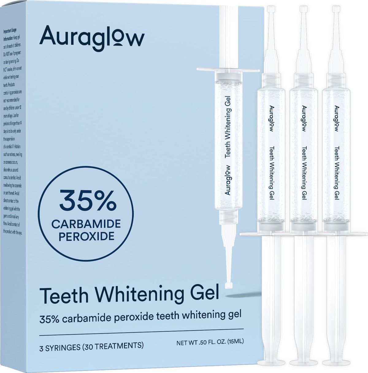 Auraglow gel blanqueador 35% para bandejas, blanqueamiento en casa seguro.