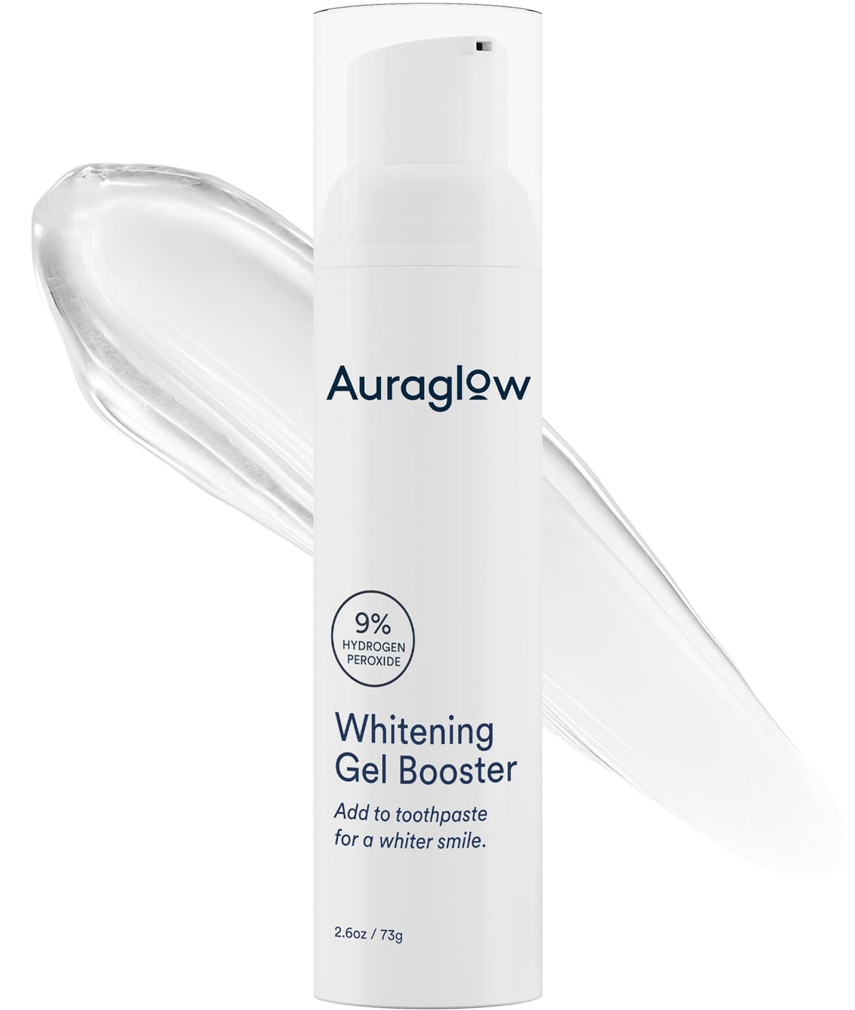 Auraglow gel blanqueador dental, botella visible para uso diario.