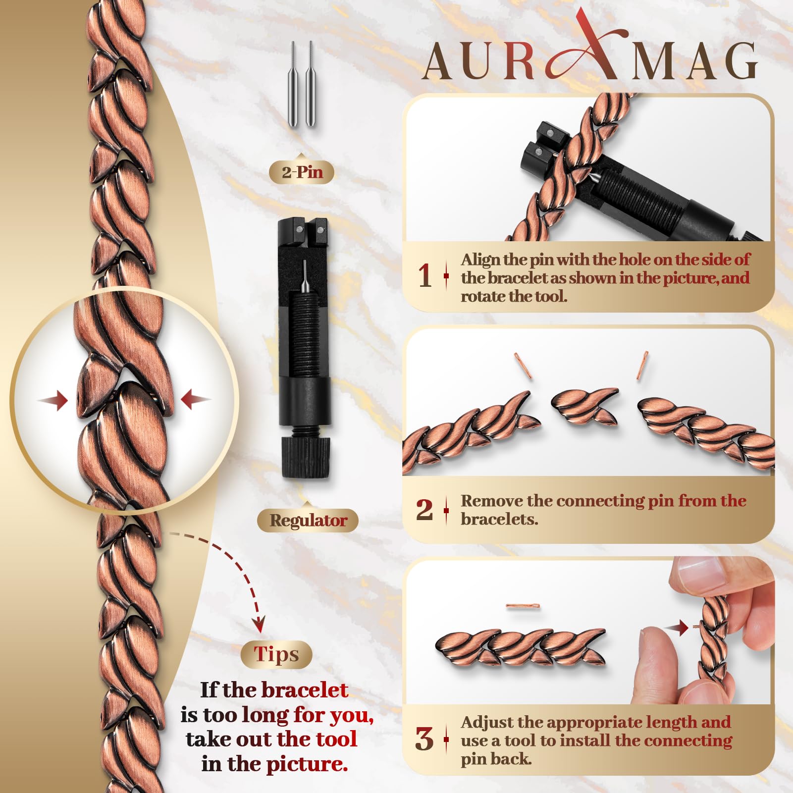 Detalle de textura de cobre Auramag, ideal para combinar con otros accesorios.
