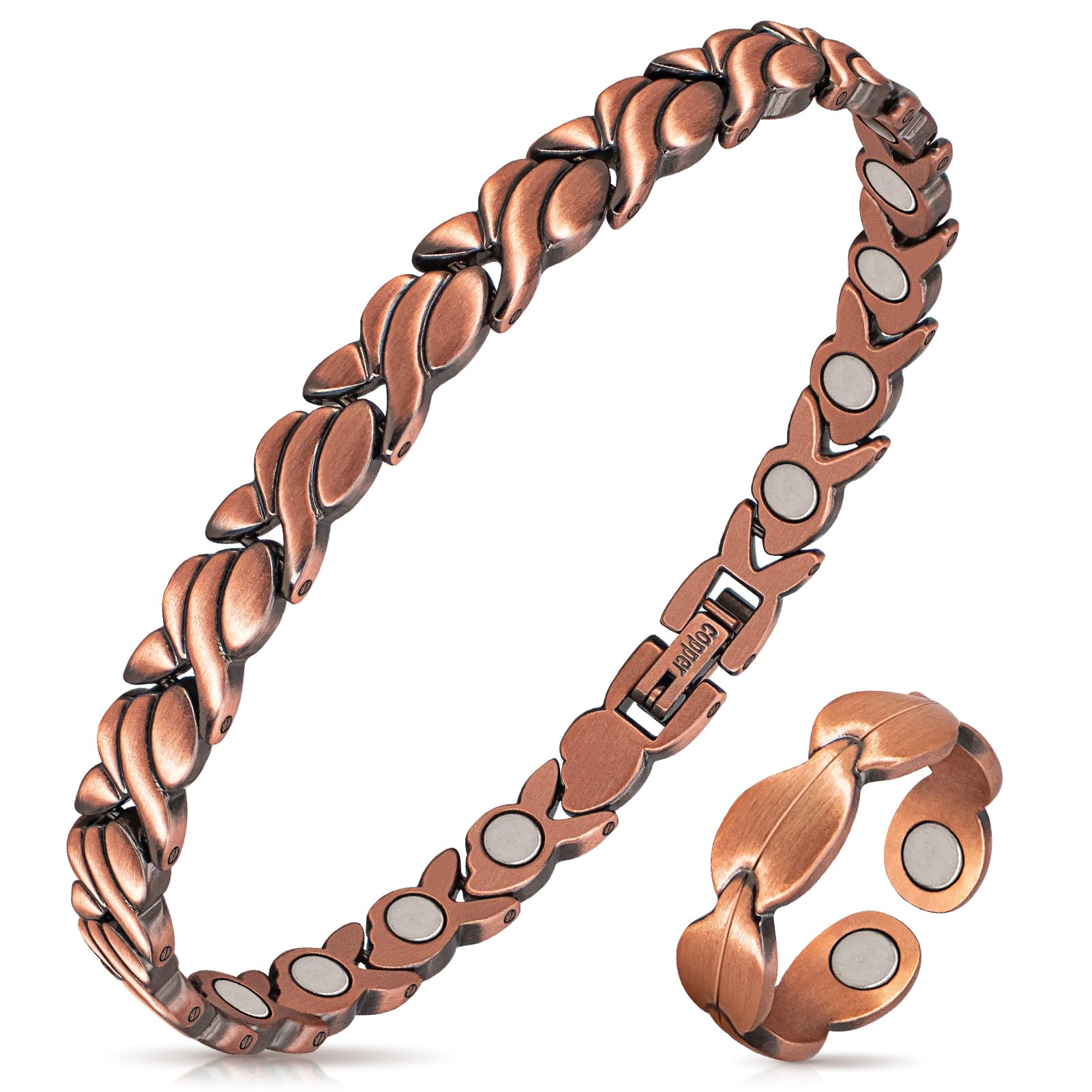Pulsera Auramag de bronce con diseño cola de pez, elegante y versátil para uso diario.