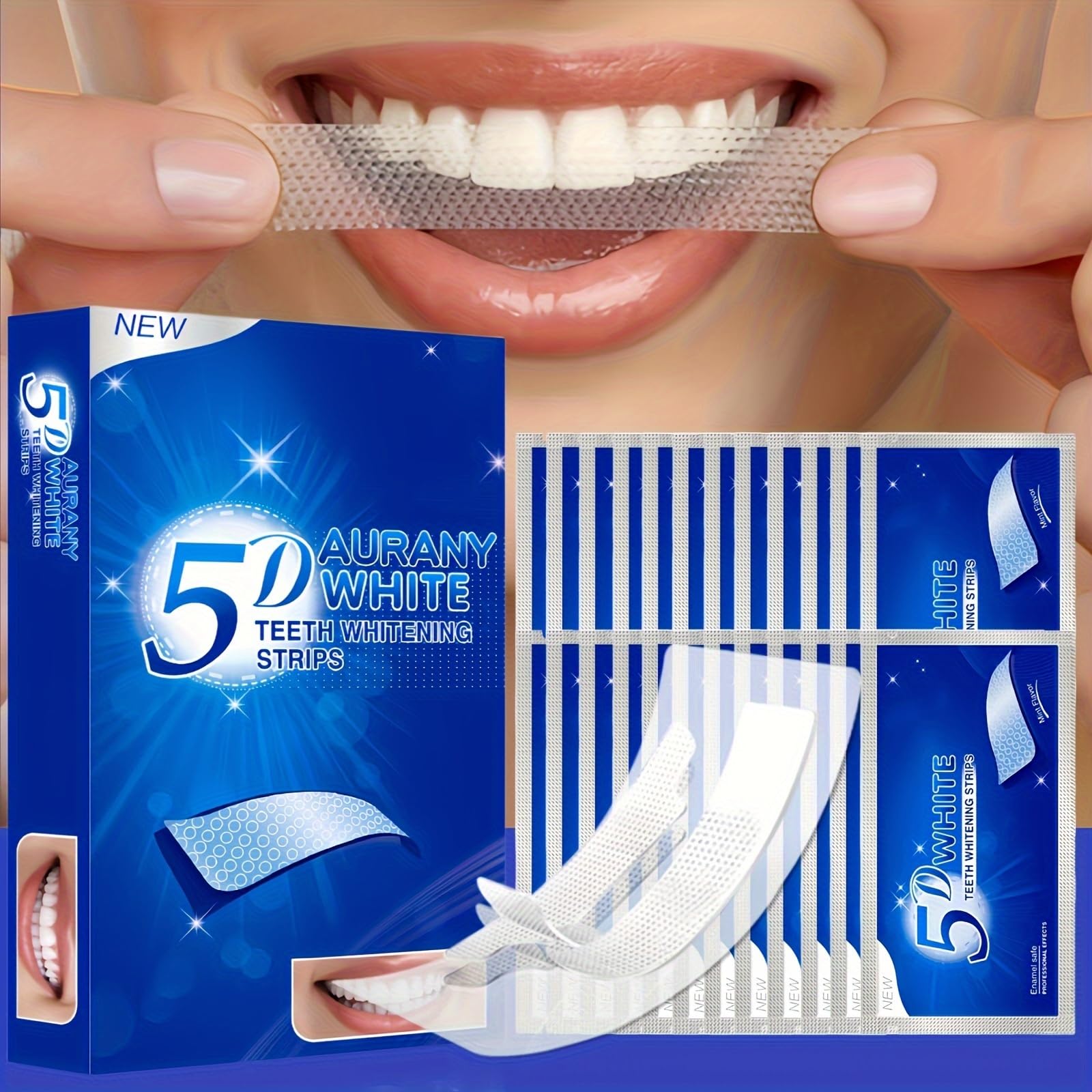 Tiras blanqueadoras AURANY 5D para casa con efecto gradual y protección del esmalte.
