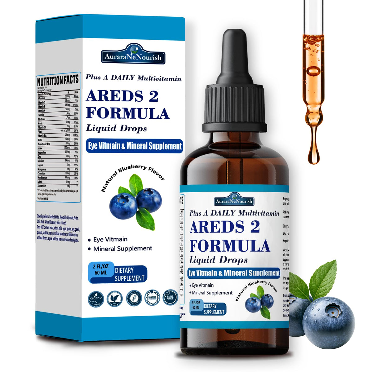 AuraraNeNourish AREDS2 gotas frasco, apoyo diario a la salud macular.
