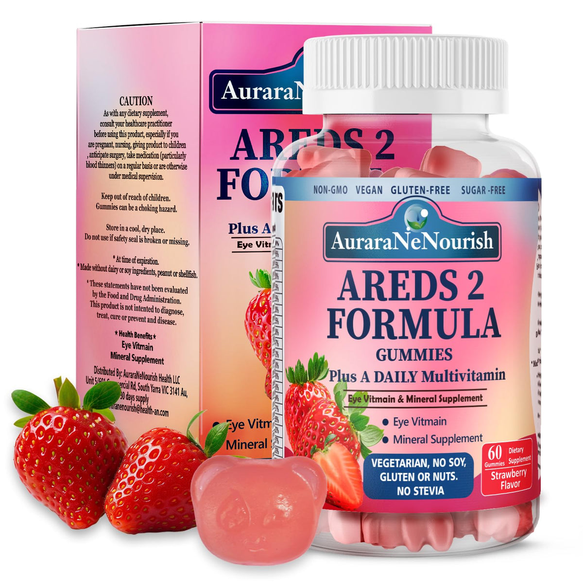 AuraraNeNourish AREDS 2+ gomitas en botella para uso diario.