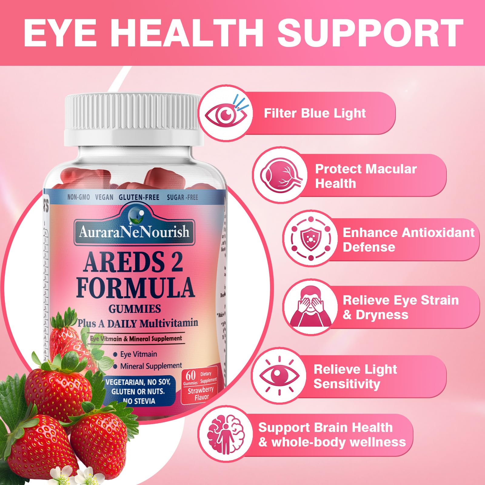 AuraraNeNourish AREDS 2+ etiqueta destacando ingredientes clave para la salud ocular.