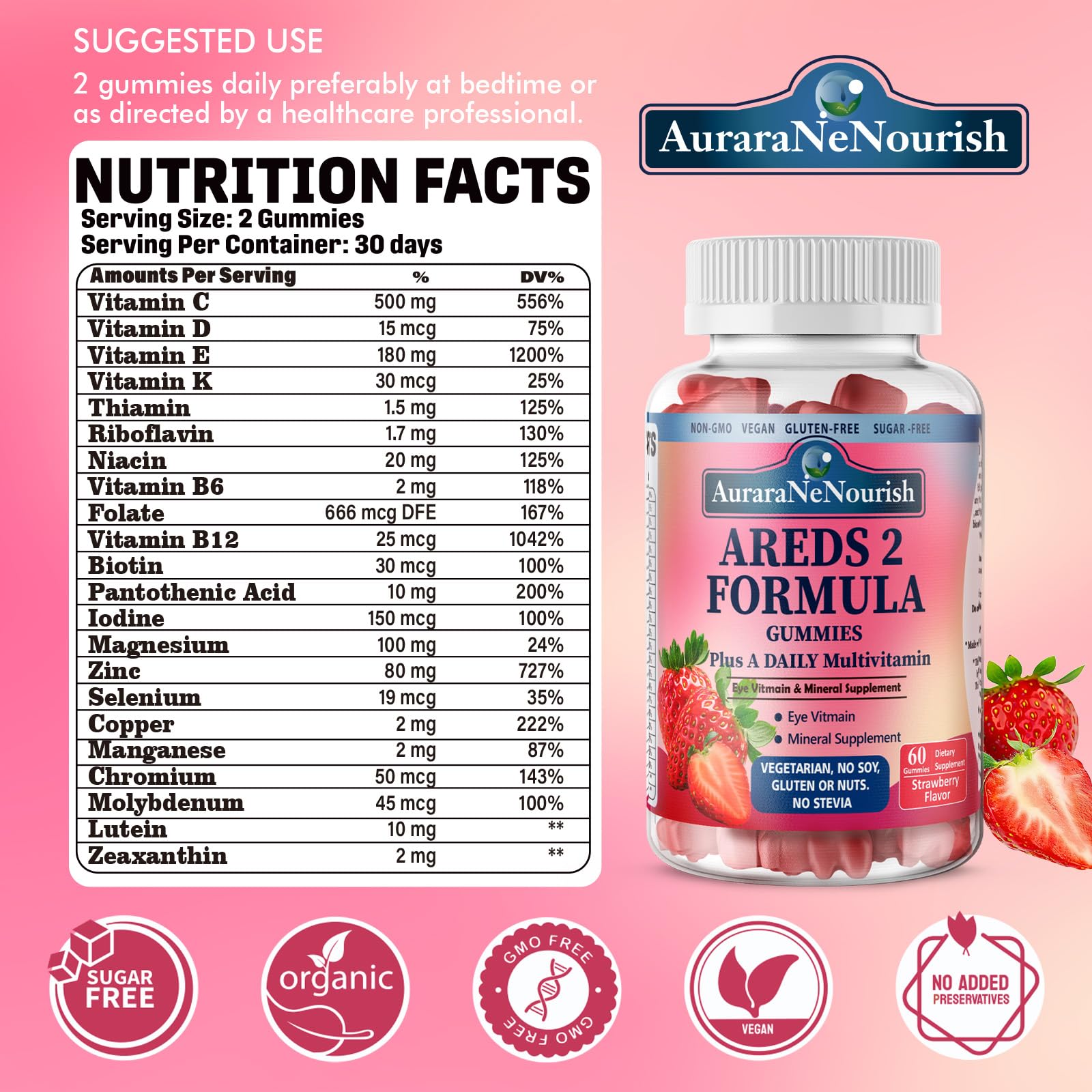 AuraraNeNourish AREDS 2+ sabor fresa natural para la rutina diaria.