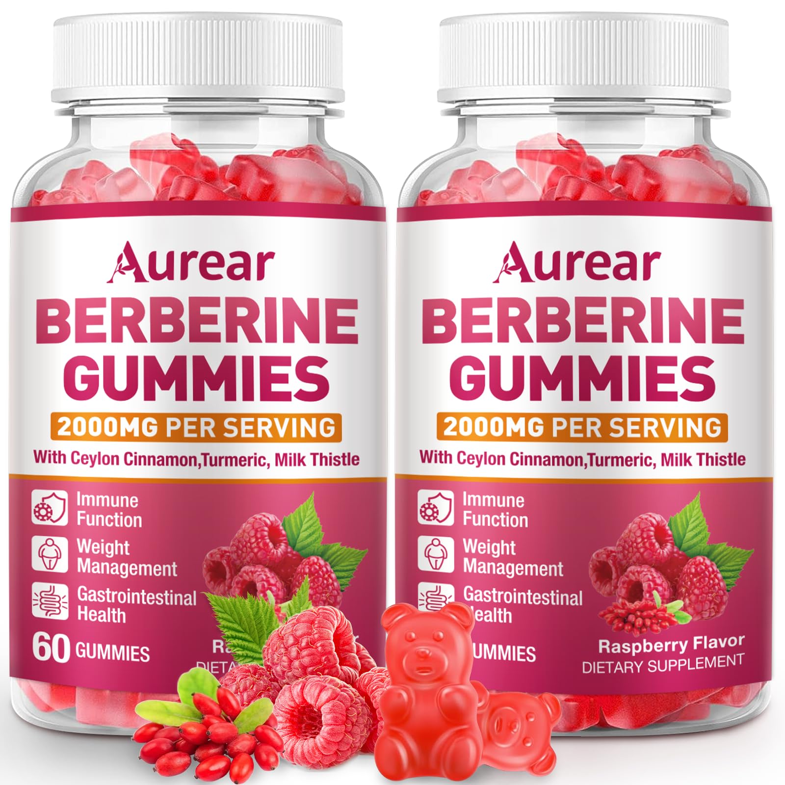 Aurear Berberine Gummies, envase práctico para consumo diario.
