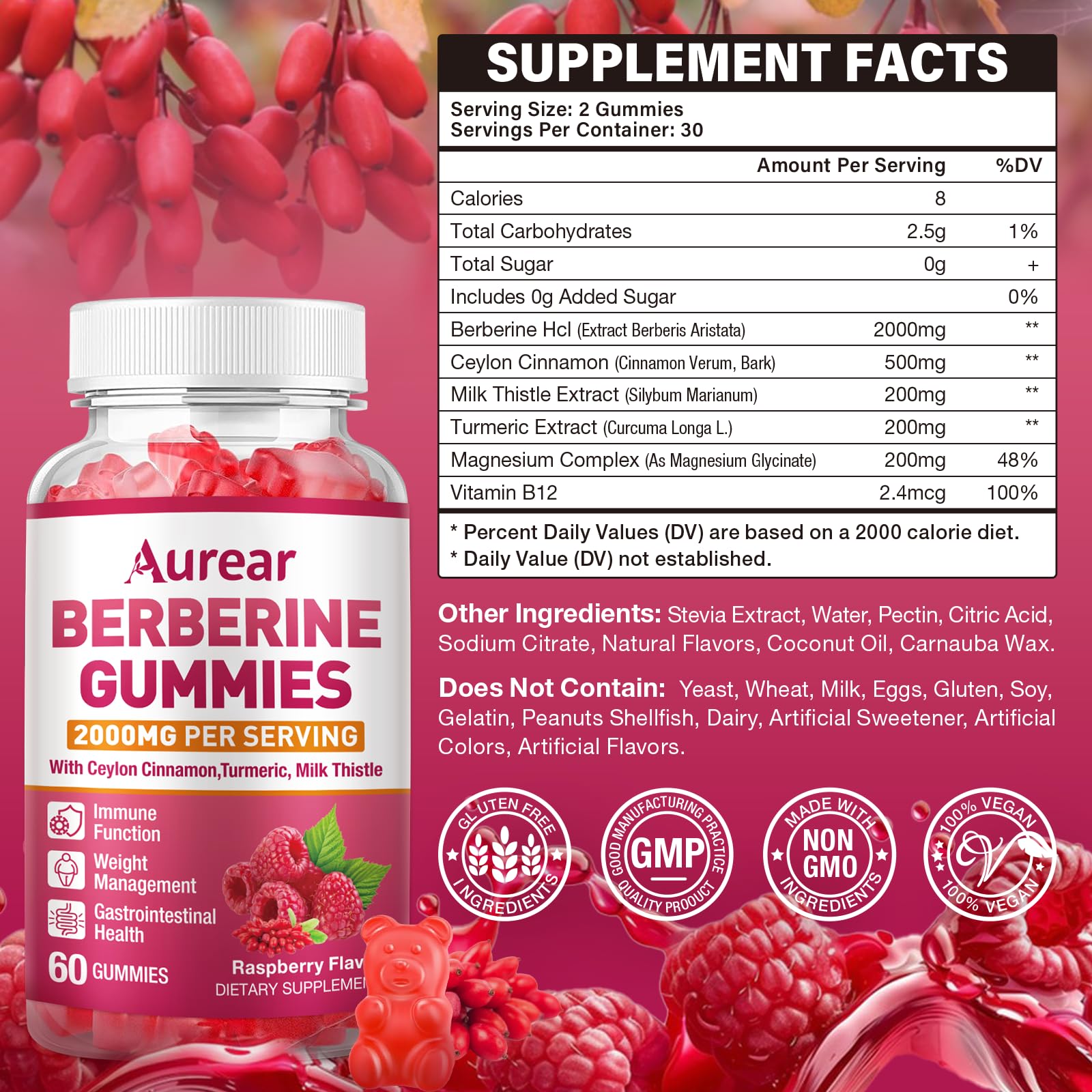 Aurear Berberine Gummies, textura masticable suave para toda la familia.