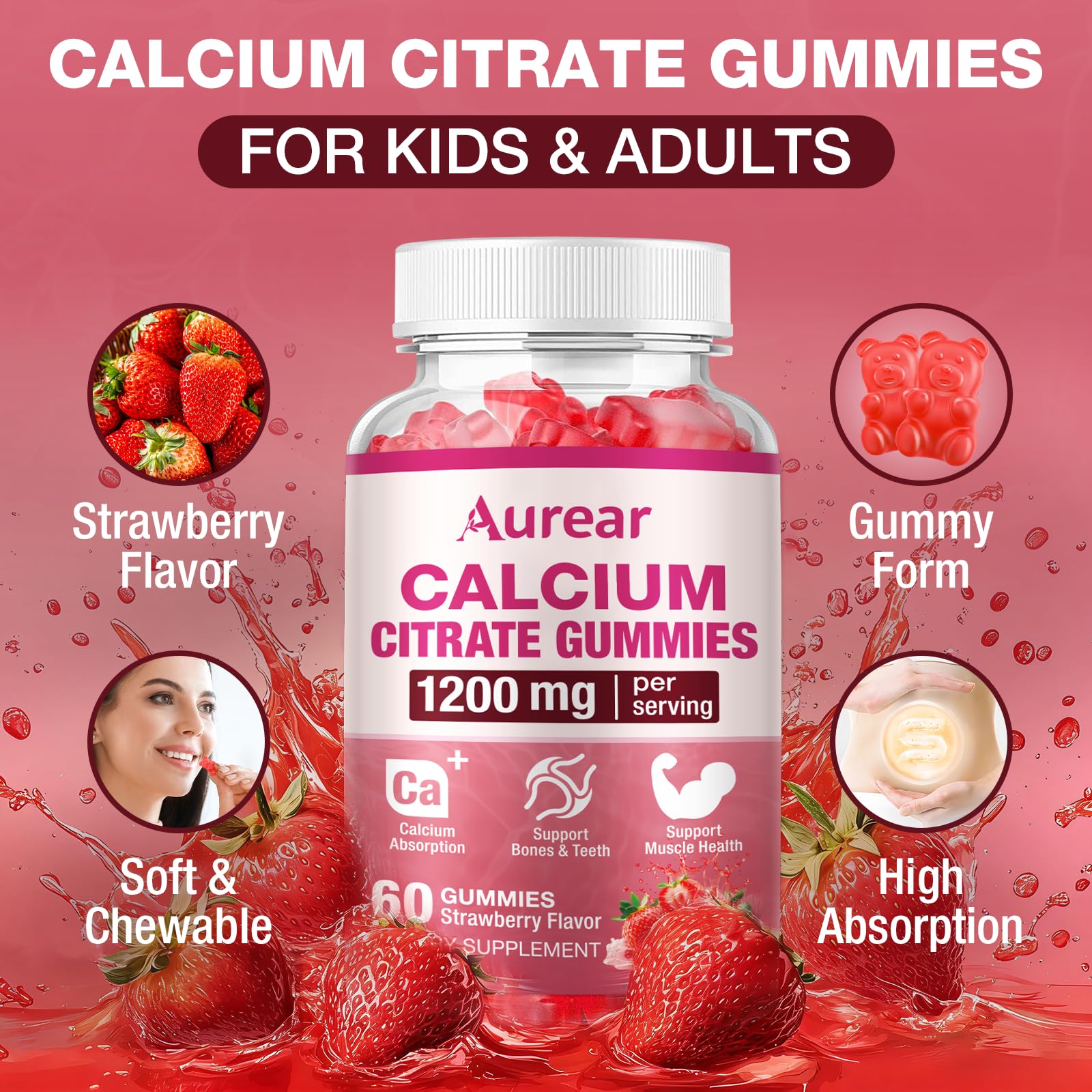Gomitas Aurear calcio citrato pack-dos para ingesta constante de calcio.