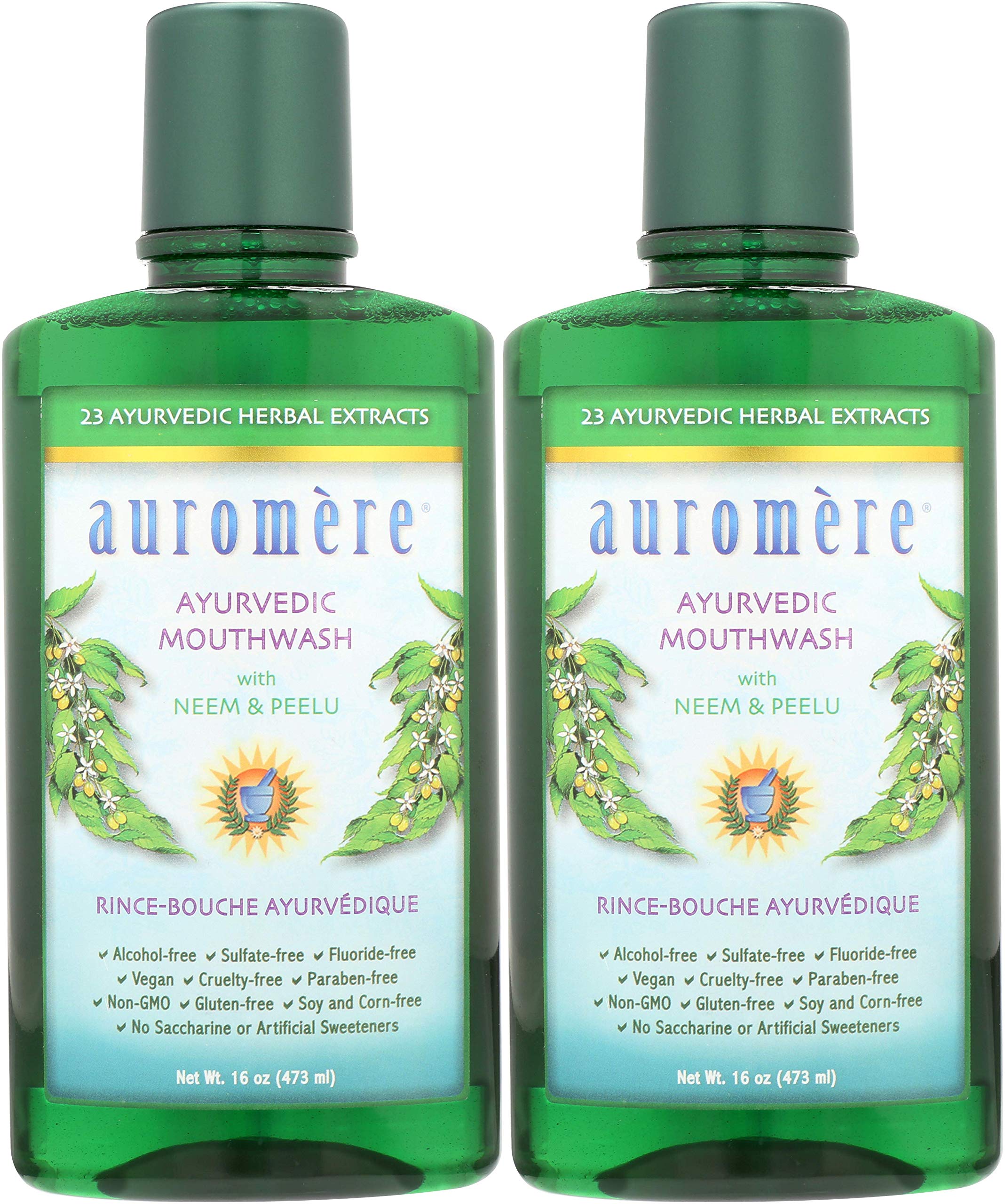 Auromere botella de enjuague bucal para frescura diaria y cuidado suave de dientes.