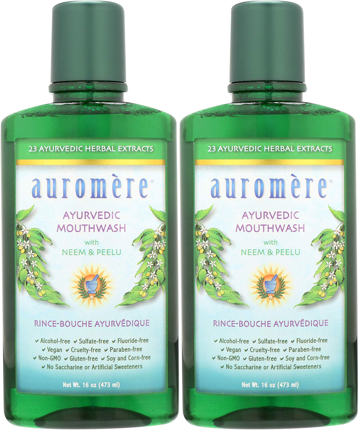 Auromere botella de enjuague bucal para frescura diaria y cuidado suave de dientes.